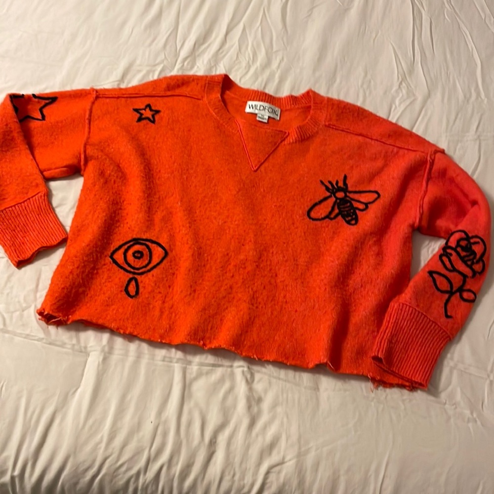 Wildfox Alchemy Icons Inferno Red Evil Eye Star Oversized Cropped Sweater - M
